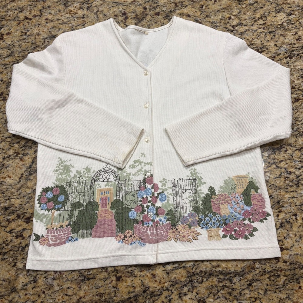 Vintage Cottagecore Garden Graphic Ribbed Cardigan Cream Floral V-Neck Sweater v - Picture 1 of 7